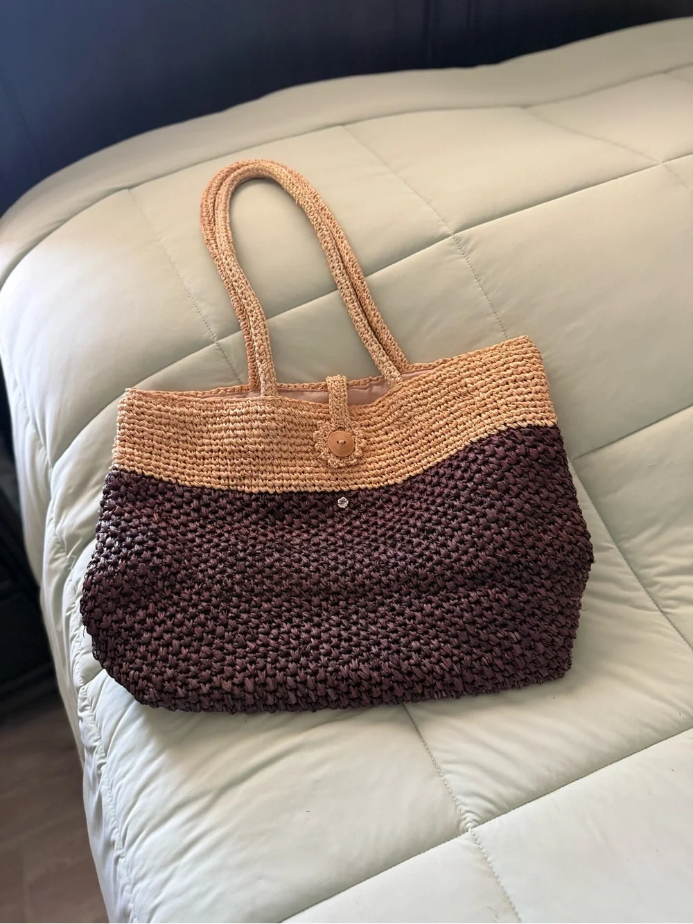 flora Bella Woven Two-Tone Straw Tote Bag - Brown & Tan. Vintage